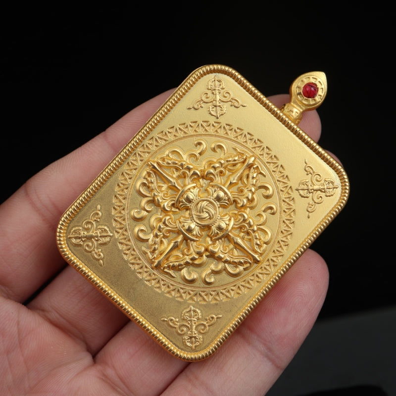 Yellow Jambhala and Prajnaparamita Eye Tibetan Thangka Pendant