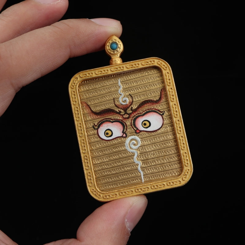 Yellow Jambhala and Prajnaparamita Eye Tibetan Thangka Pendant