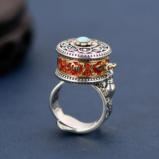 Tibetan Blessing Prayer Wheel Ring ï¿?Silver and Turquoise Spinner